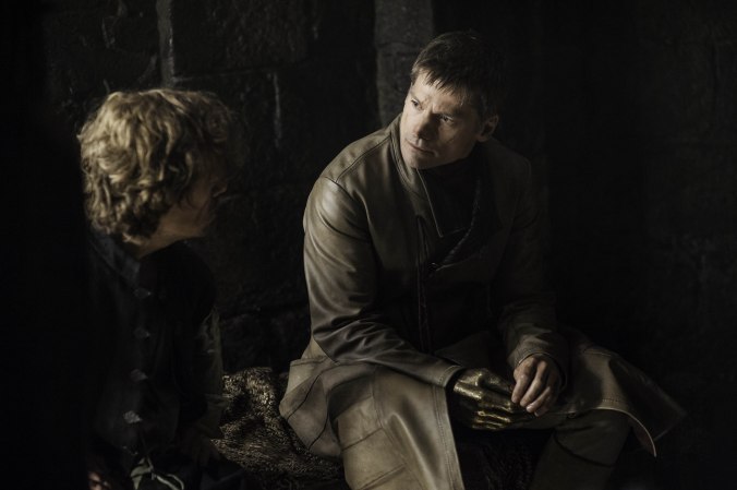 Tyrion (Peter Dinklage) and Jaime Lannister (Nikolaj Coster-Waldau) have a brotherly conversation on "Game of Thrones."
