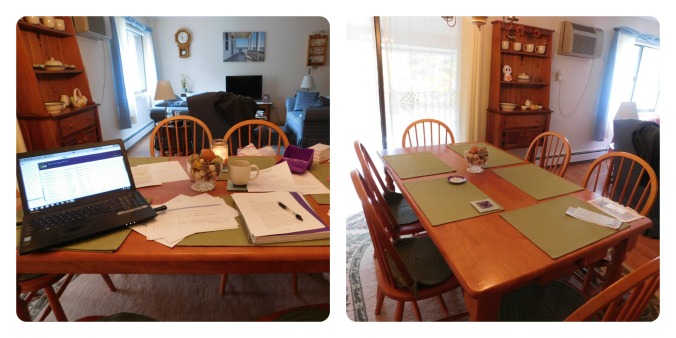 My dining room table on Day 1 of Draft #3 (left) and the day after finishing Draft #3 (right).